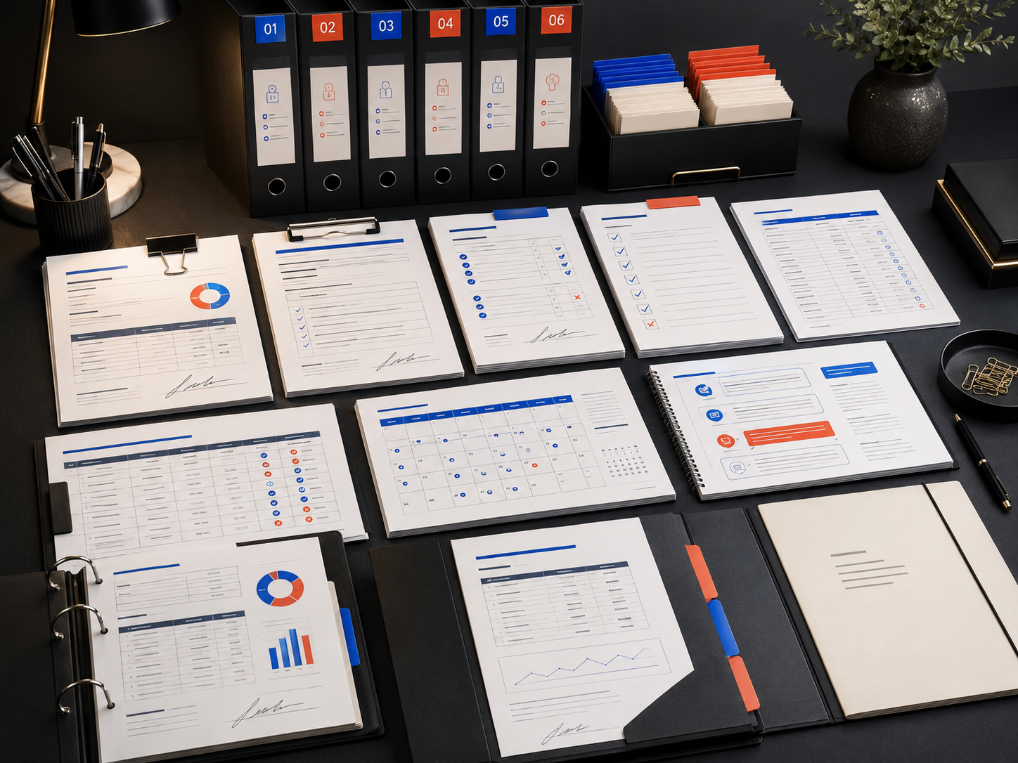 Conjunto de propostas, contratos, checklists, planilhas, calendários e notificações impressos e organizados