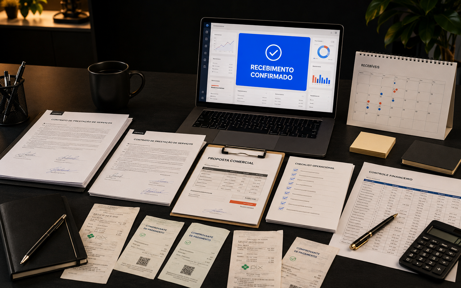 Mesa organizada com contratos assinados, proposta comercial, checklist, planilha financeira, calendário de recebimentos, comprovantes e notebook indicando recebimento confirmado